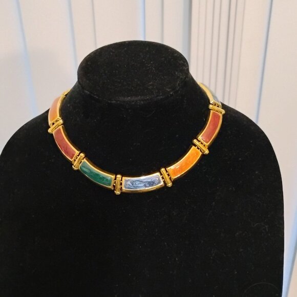 Enamel Multicolor Gold Accents Rectangular Shapes Necklace Chocker - Picture 1 of 11